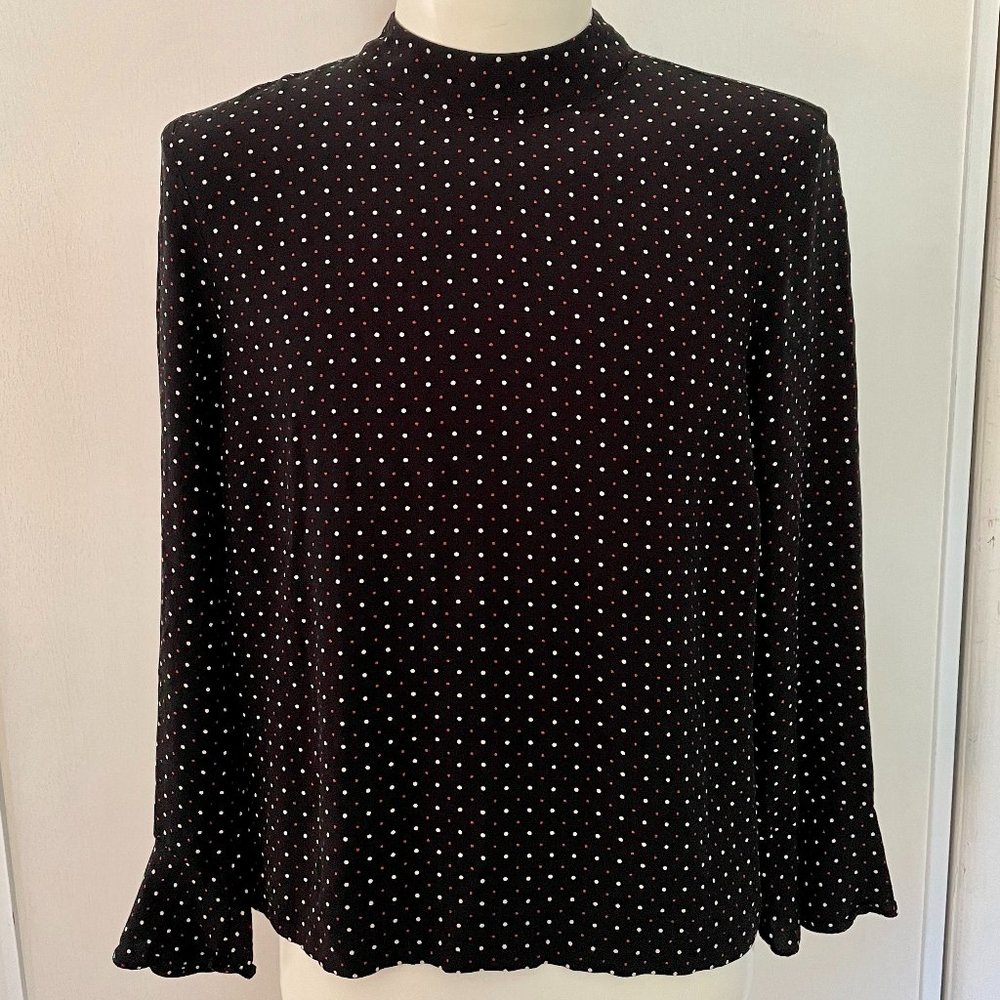 Zara Black with Red & White Dot Long Ruffle Hem Sleeve Mock Neck Blouse